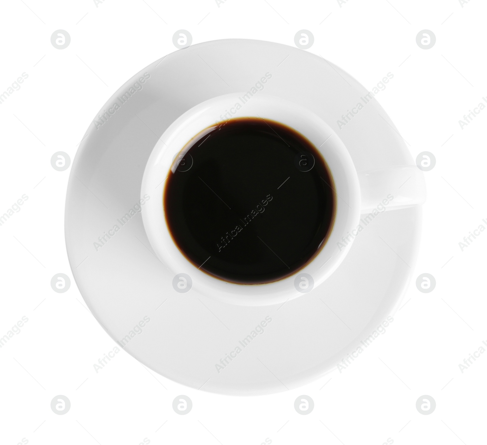 Photo of Cup of tasty coffee isolated on white, top view