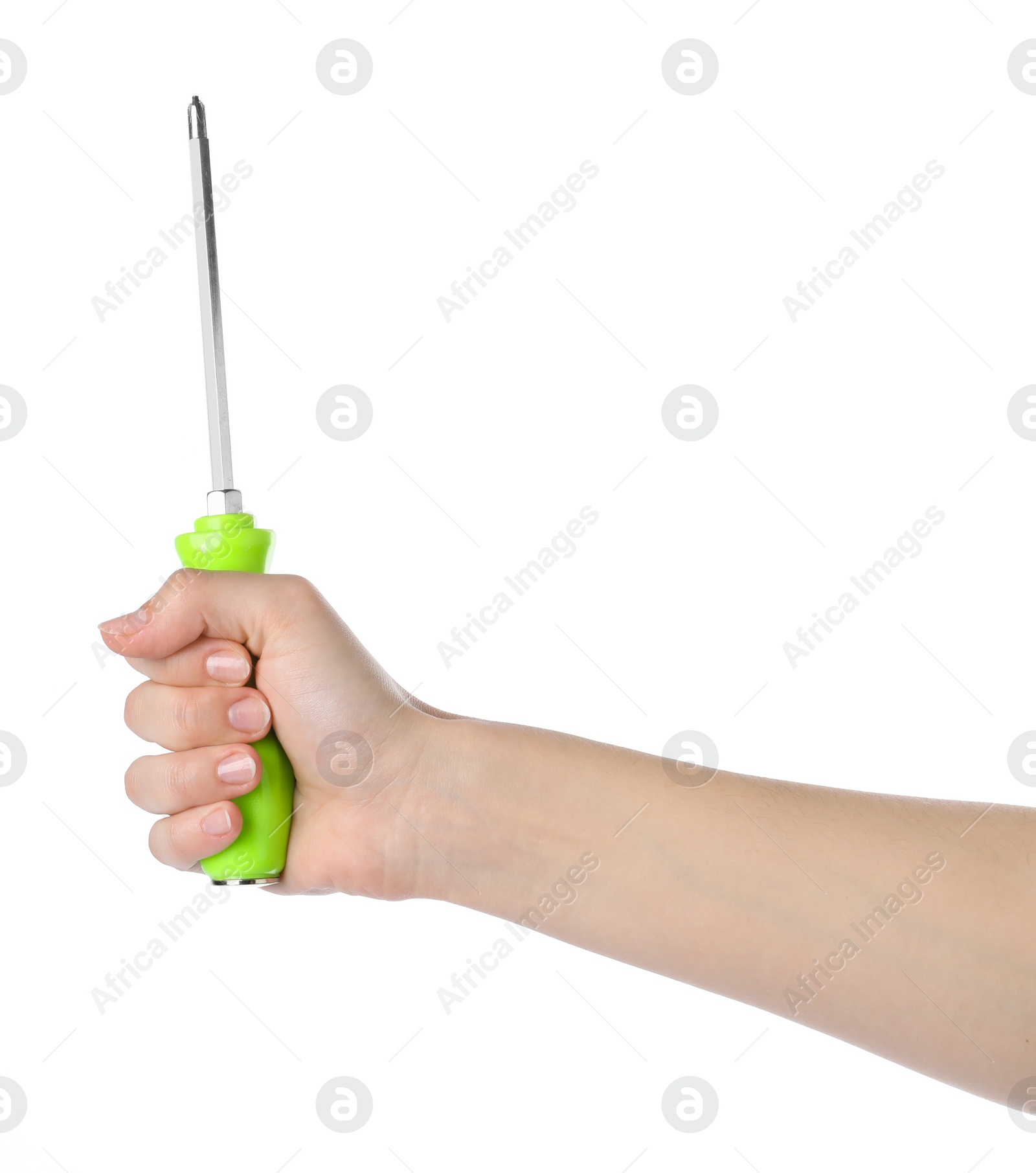 Photo of Woman holding screwdriver on white background, closeup