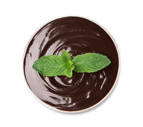 Photo of Delicious chocolate cream with mint in bowl on white background, top view