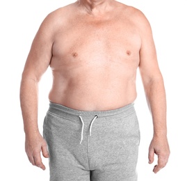 Photo of Fat senior man on white background, closeup. Weight loss