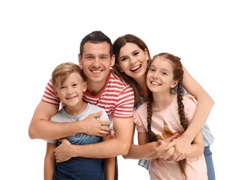 Happy family with children on white background