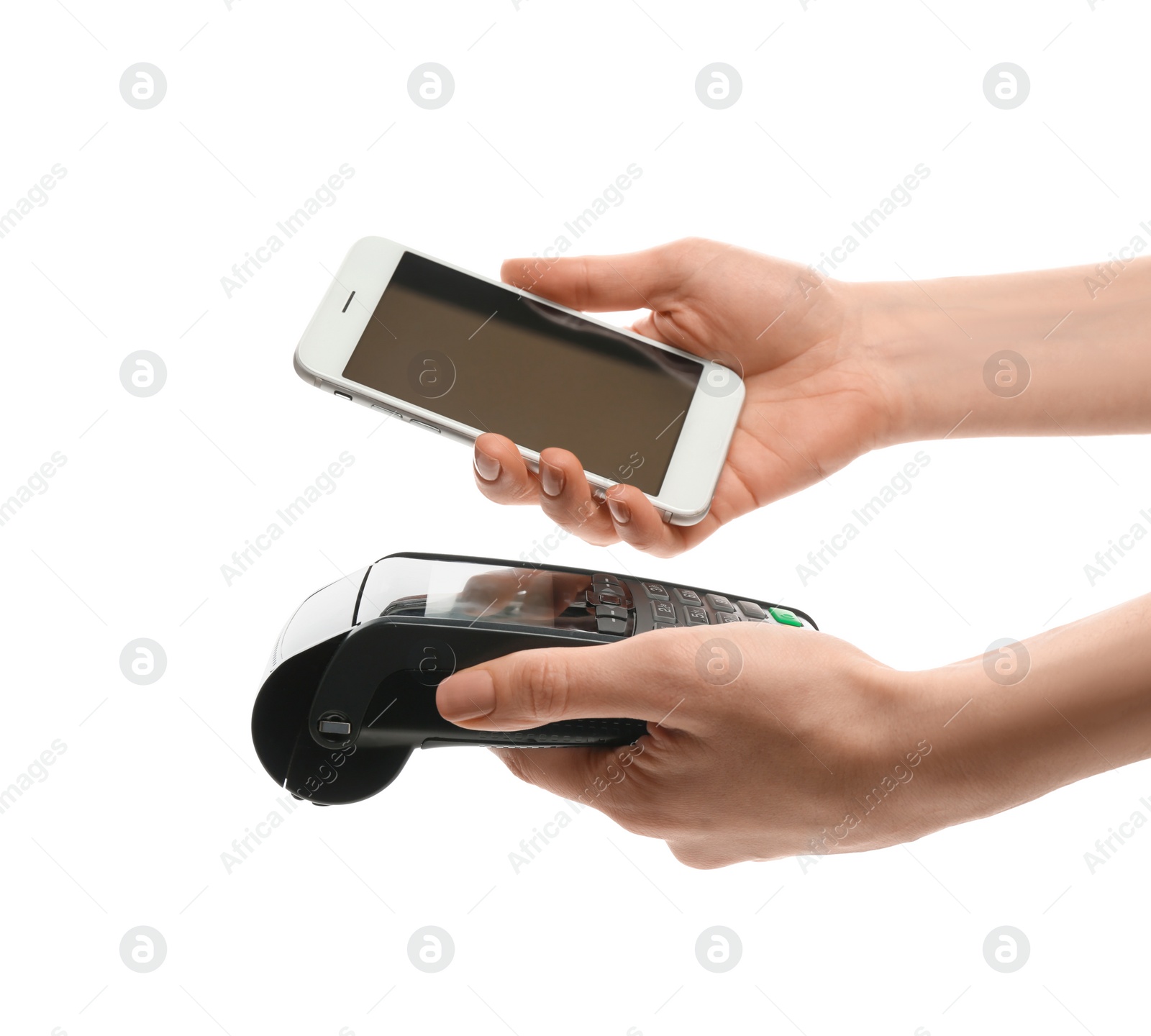Photo of Woman using payment terminal with mobile phone on white background, closeup. Space for text