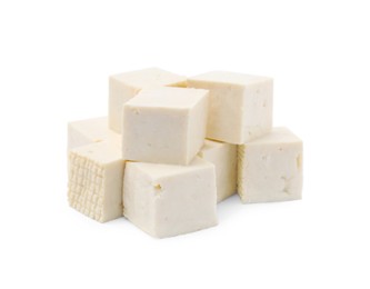 Photo of Delicious tofu cheese cubes isolated on white