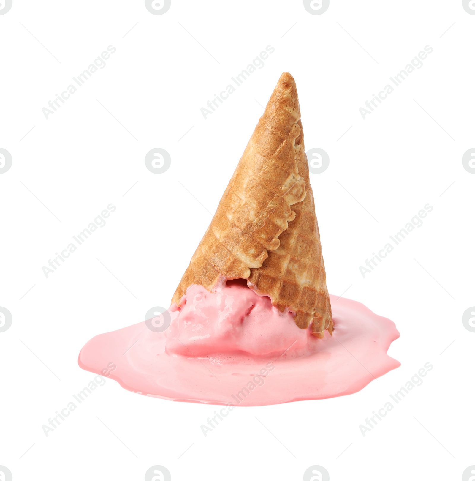 Photo of Melting ice cream in wafer cone isolated on white