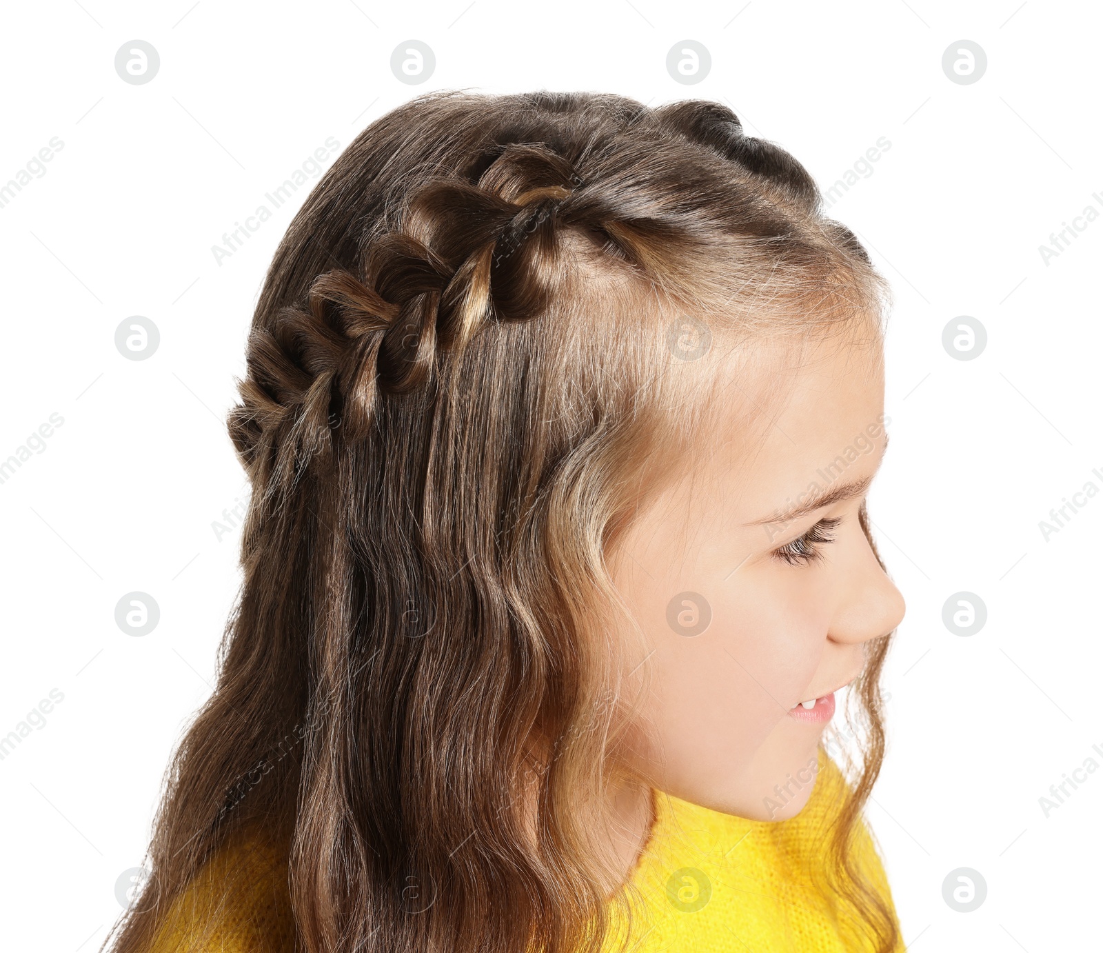 Photo of Cute little girl with braided hair on white background
