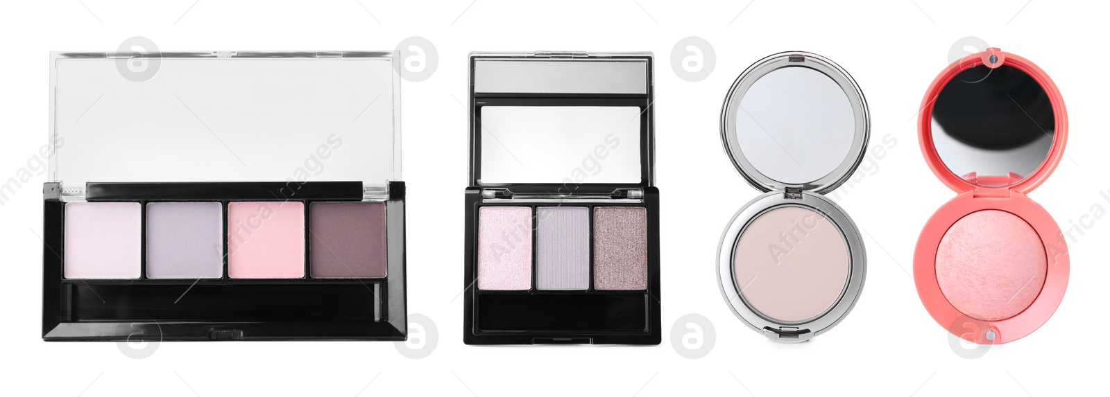 Image of Set with different decorative cosmetics on white background, top view. Banner design