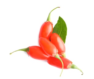 Photo of Fresh ripe goji berries on white background, top view