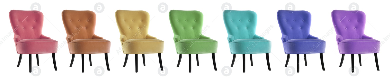 Image of Different colorful armchairs isolated on white, set