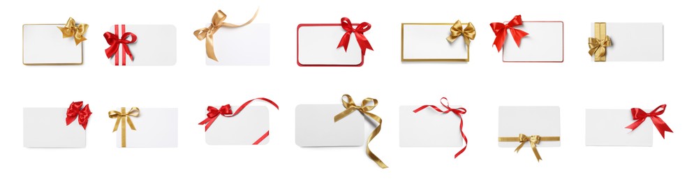 Image of Set of many different gift cards with bows on white background, top view