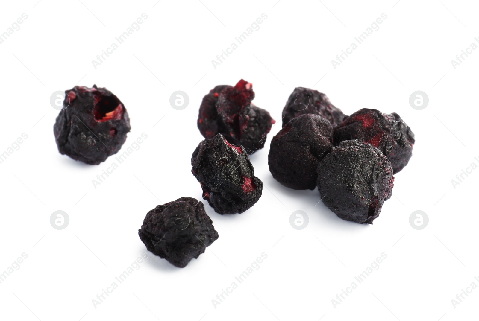 Photo of Pile of freeze dried blueberries on white background