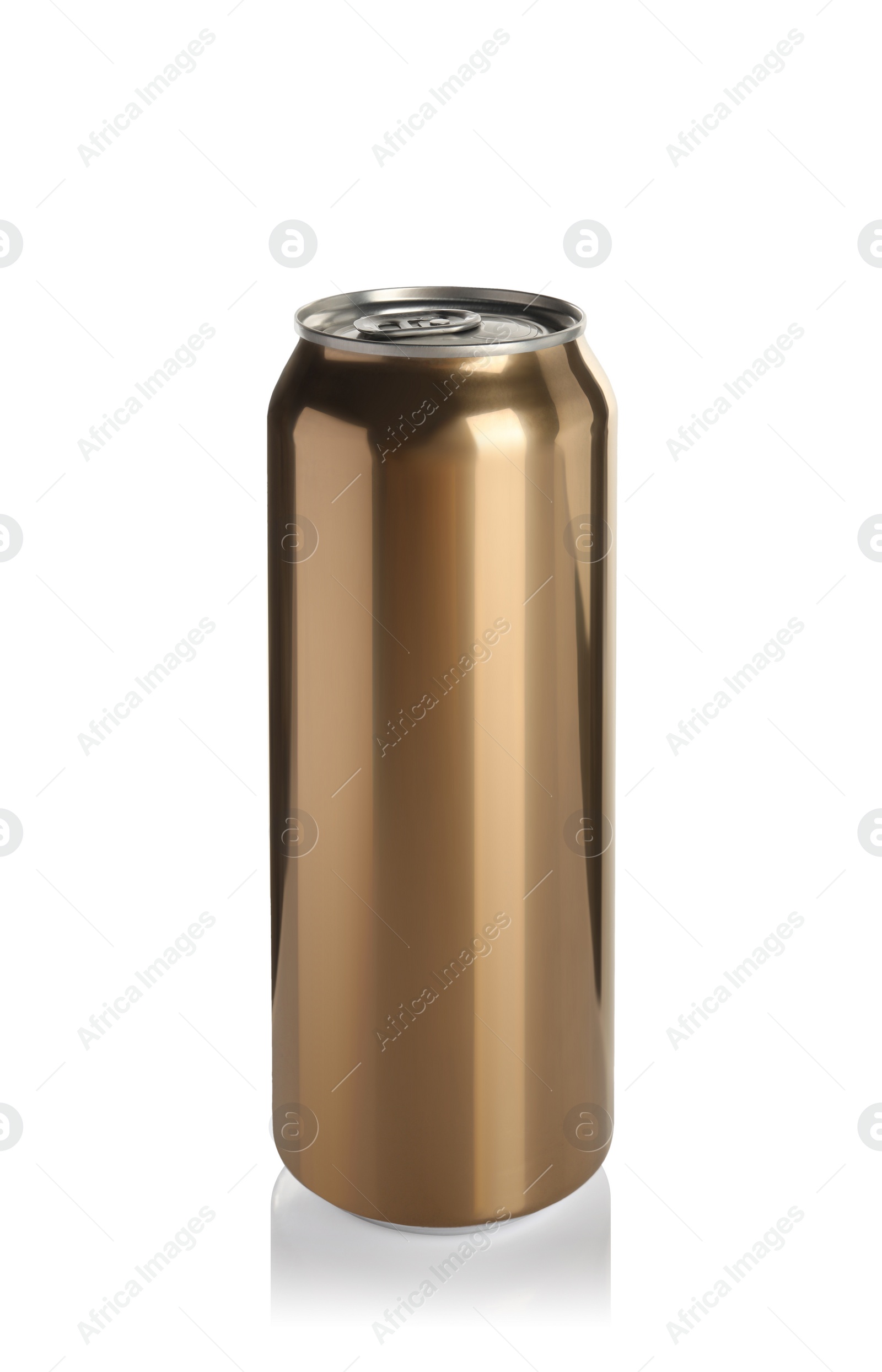 Photo of Golden aluminum can with drink isolated on white