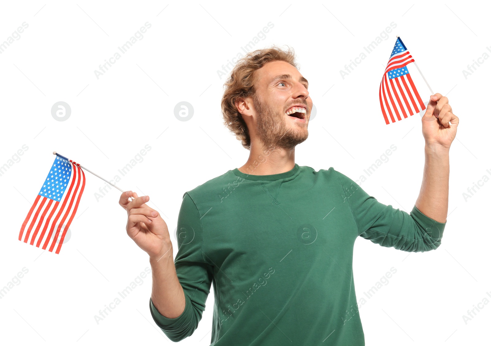 Photo of Young man with American flags on white background