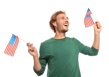 Photo of Young man with American flags on white background