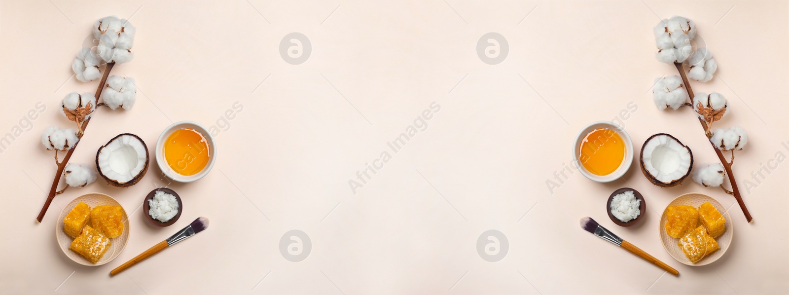 Image of Fresh ingredients for homemade cosmetic product on light background, flat lay with space for text. Banner design