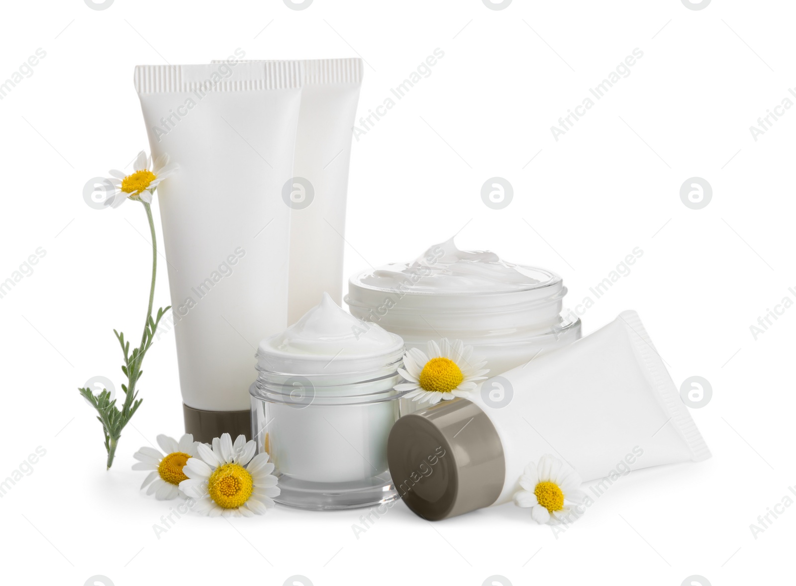 Photo of Set of different cosmetic products and chamomile flowers on white background