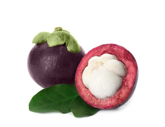 Photo of Fresh mangosteen fruits with green leaves on white background