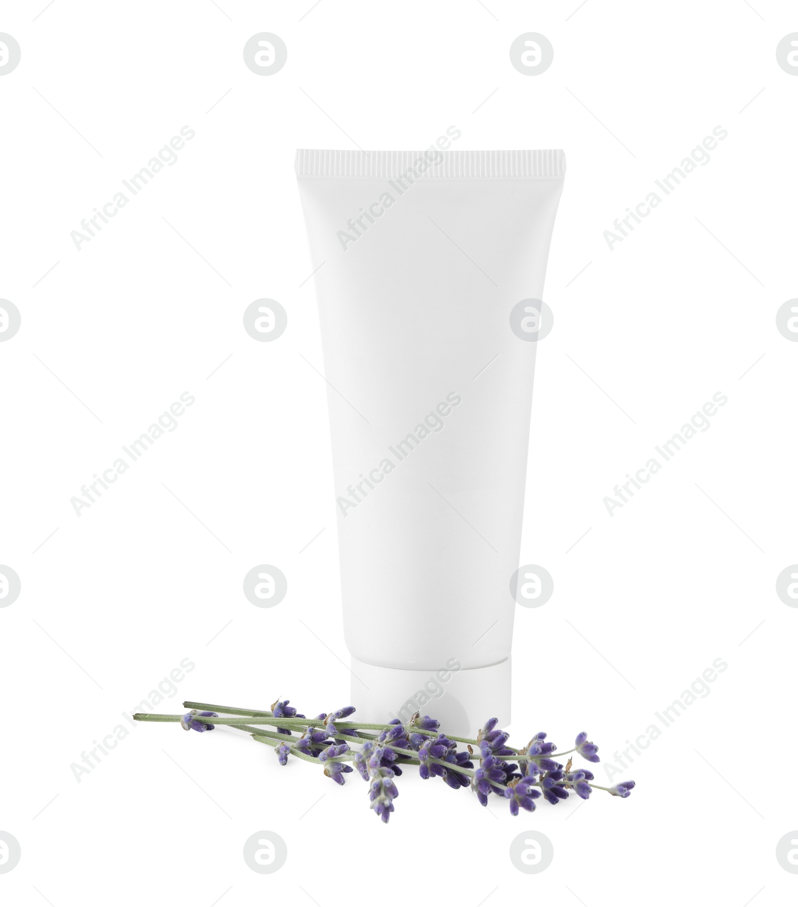 Photo of Tube of hand cream and lavender on white background