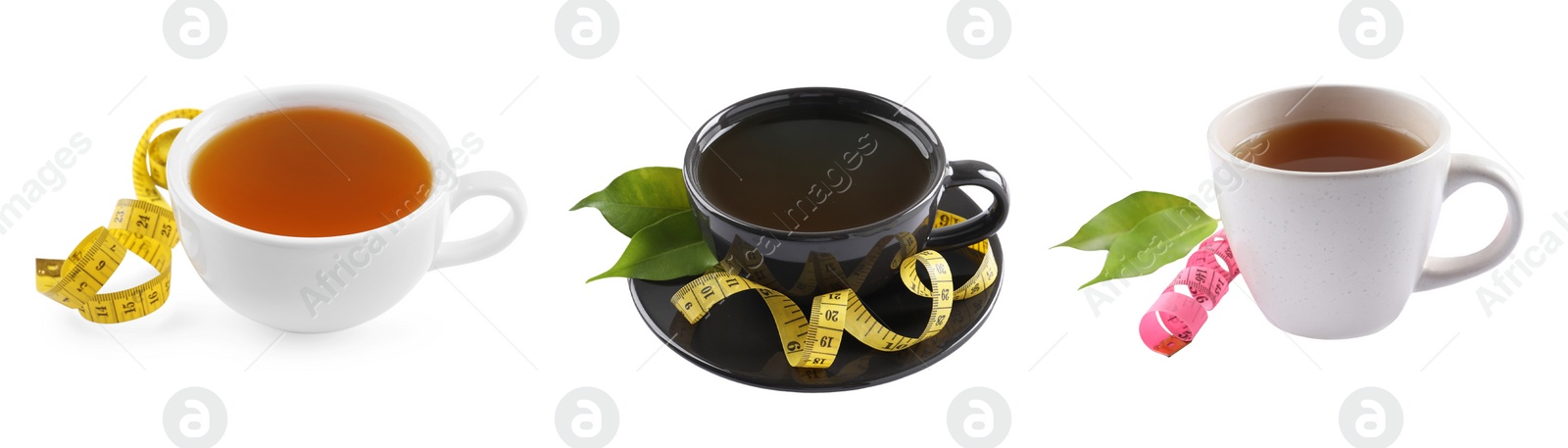 Image of Set with cups of cup of weight loss herbal tea on white background. Banner design