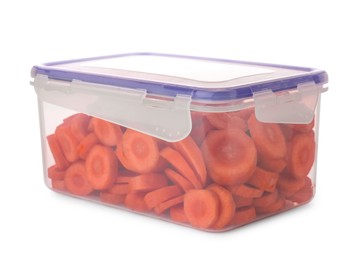 Plastic container with fresh cut carrot isolated on white