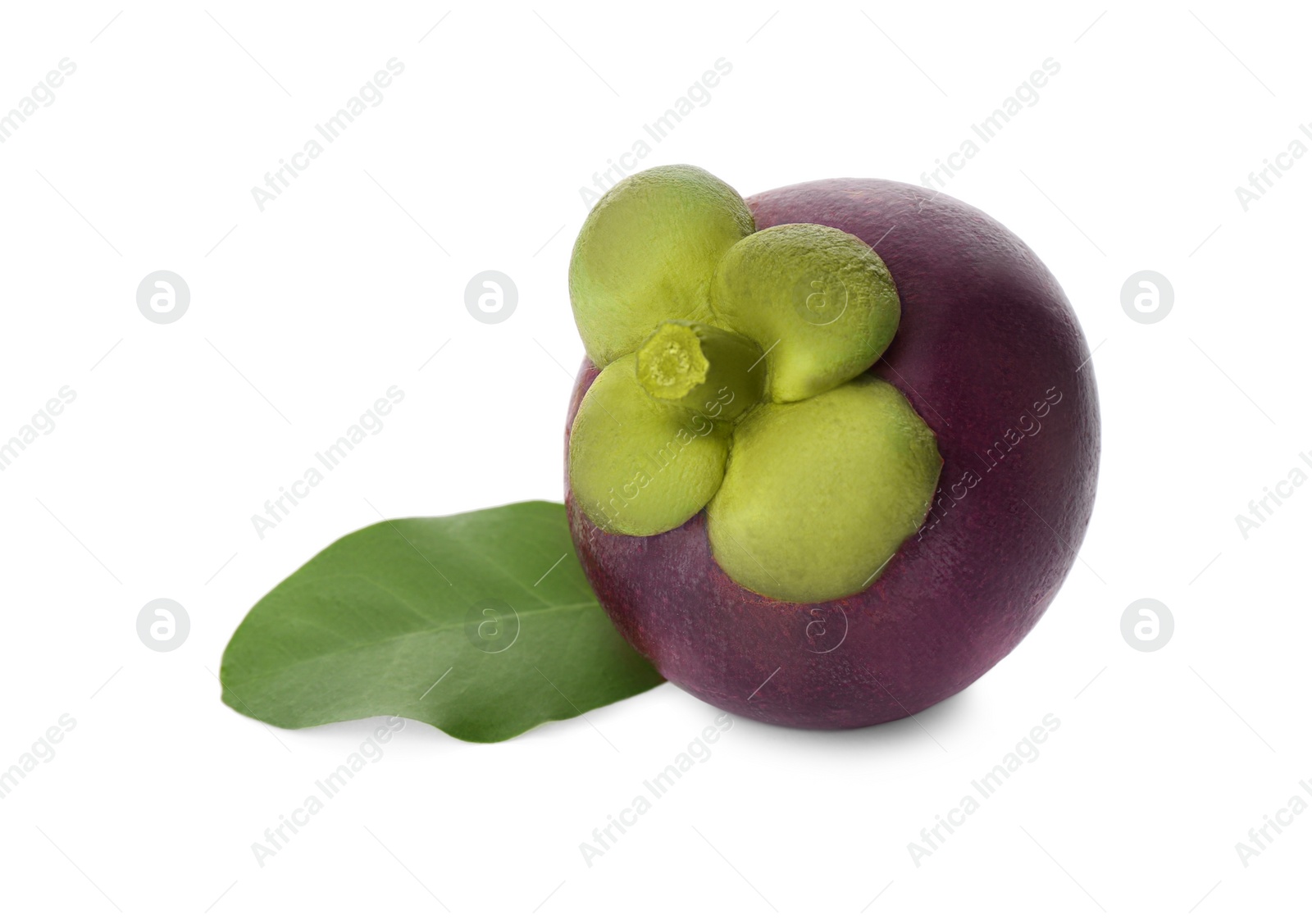 Photo of Delicious ripe mangosteen and green leaf on white background