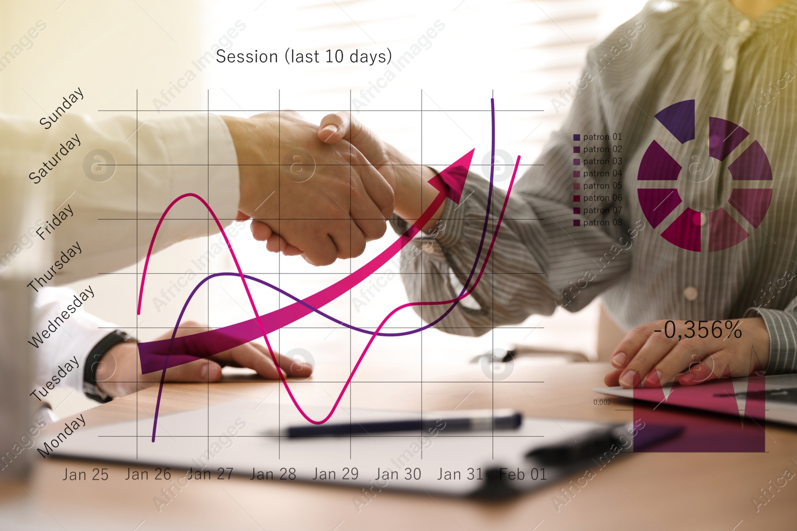 Image of Finance trading concept. Business people shaking hands in office and charts, closeup