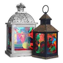Different decorative Arabic lanterns on white background