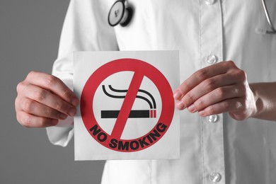 Photo of Doctor holding card with no smoking sign on gray background, closeup