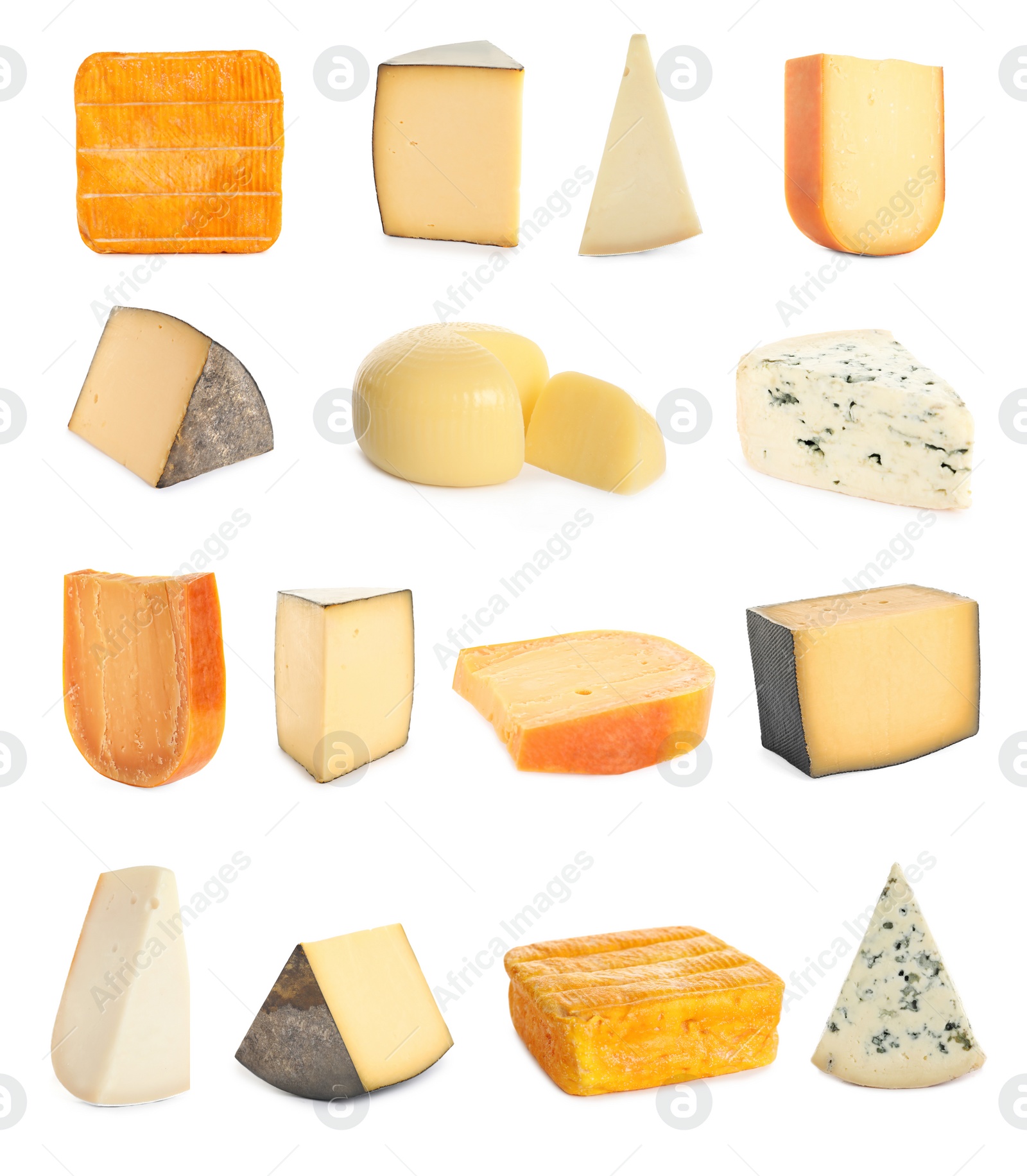 Image of Set with different sorts of cheese on white background