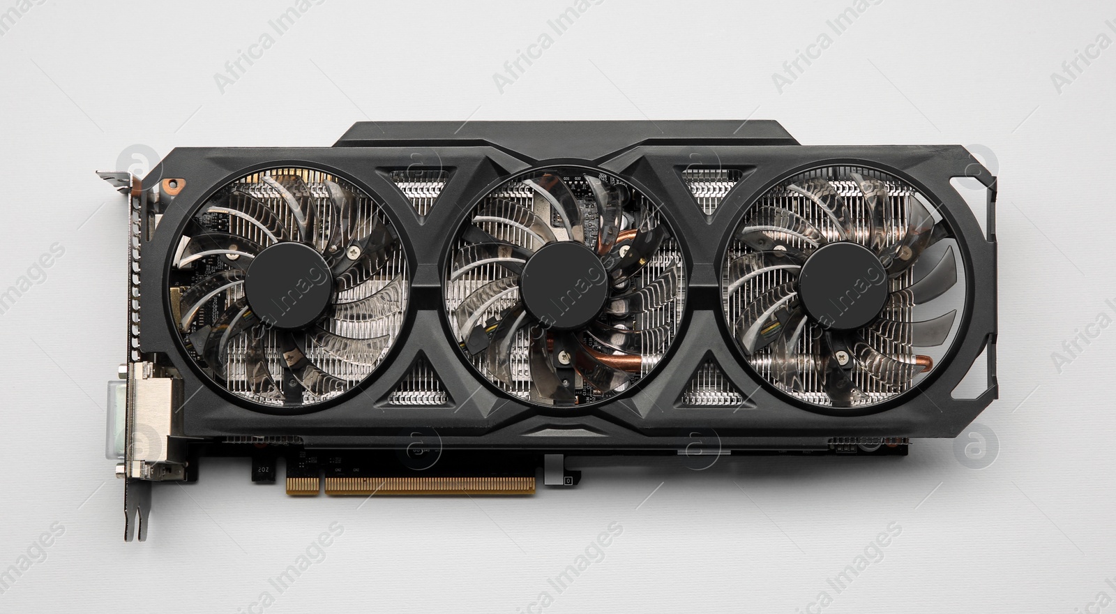 Photo of One graphics card on color background, top view