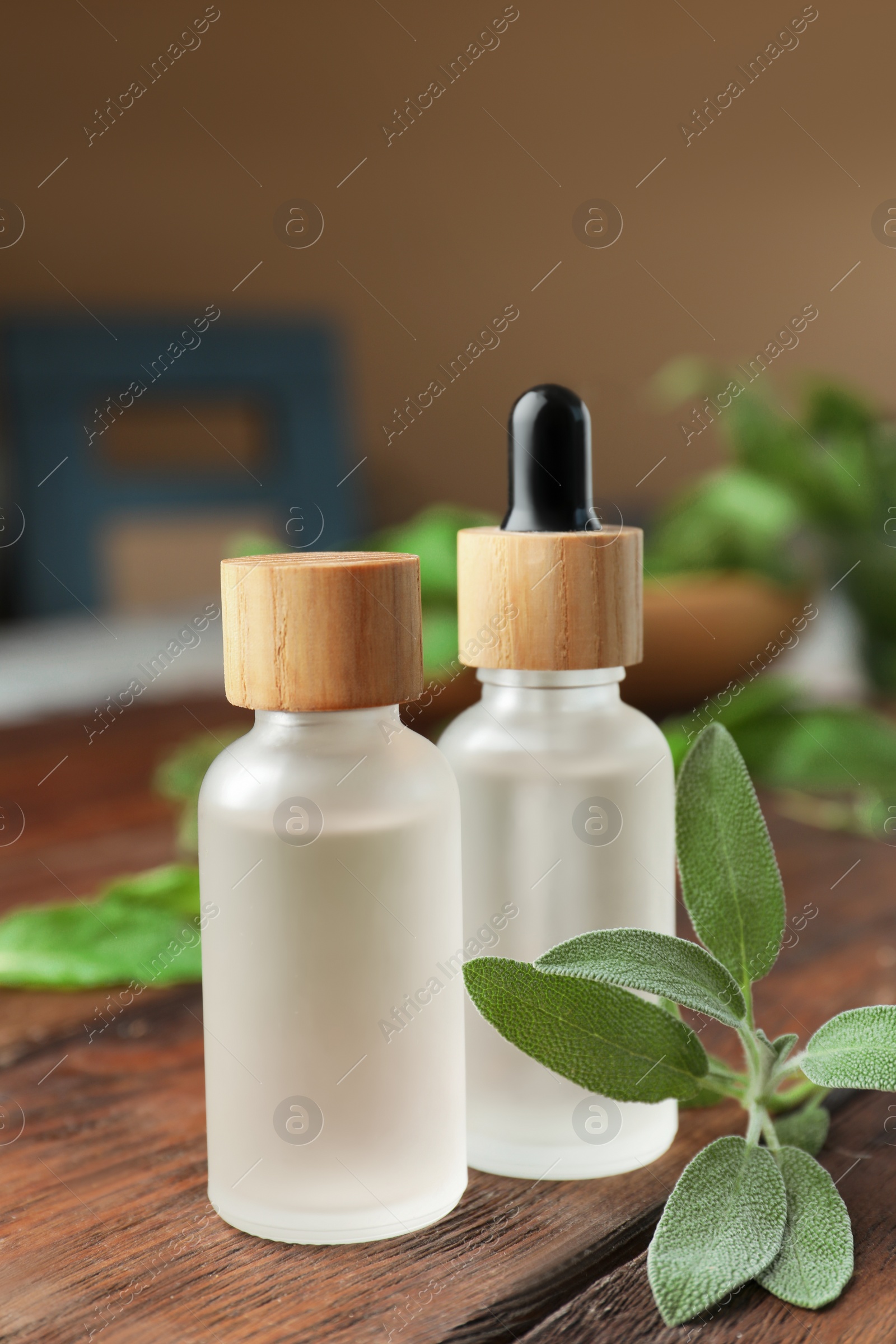 Photo of Bottles of essential oils and fresh herbs on wooden table