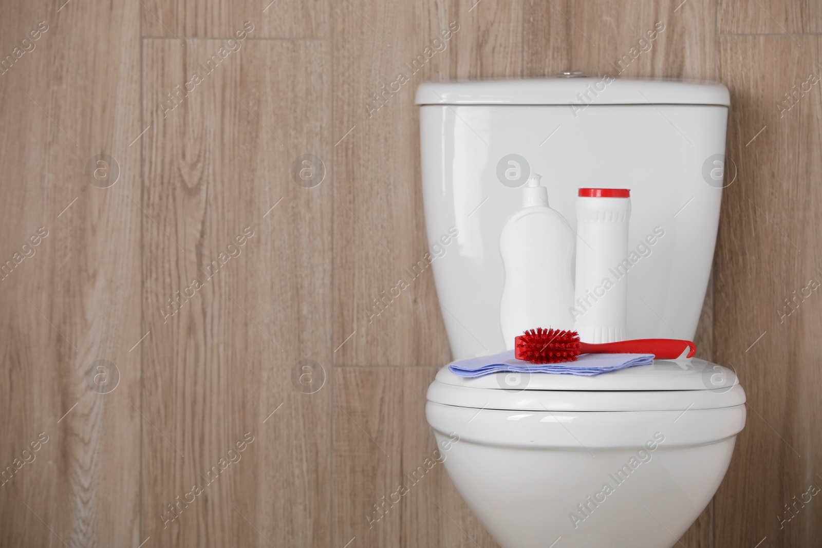 Photo of Bottles, brush and rag on toilet bowl indoors, space for text. Cleaning supplies