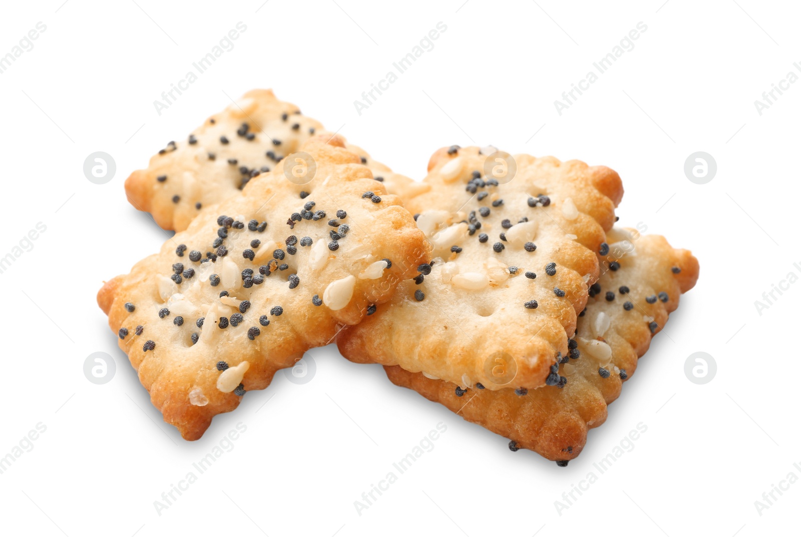 Photo of Delicious crispy crackers with poppy and sesame seeds isolated on white