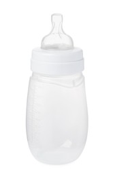 Photo of One empty feeding bottle for baby milk isolated on white