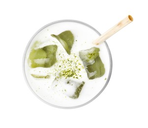 Photo of Glass of tasty iced matcha latte isolated on white, top view