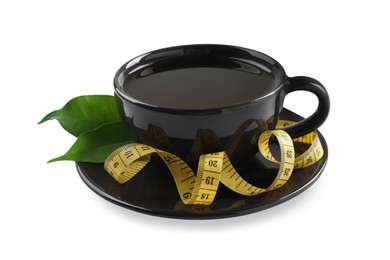 Photo of Black cup of diet herbal tea, measuring tape and fresh leaves on white background. Weight loss