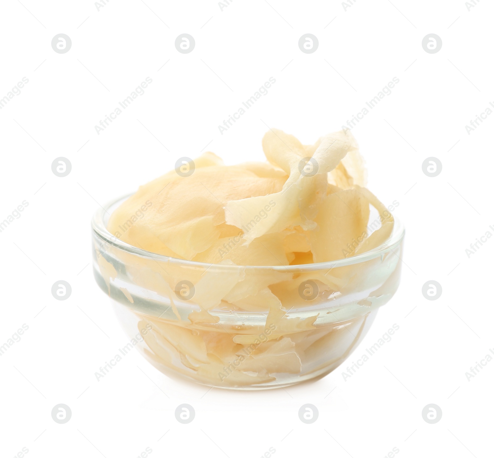 Photo of Pickled ginger in bowl isolated on white