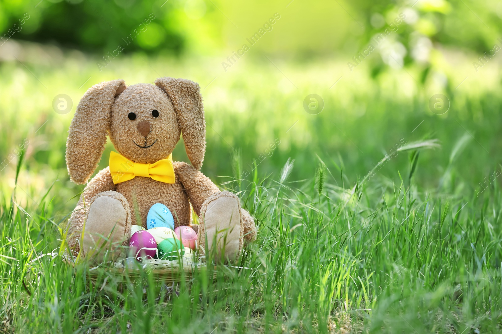 Photo of Toy bunny and basket with Easter eggs on grass