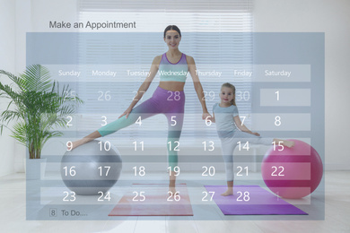 Image of Double exposure of calendar and family doing exercise together at home