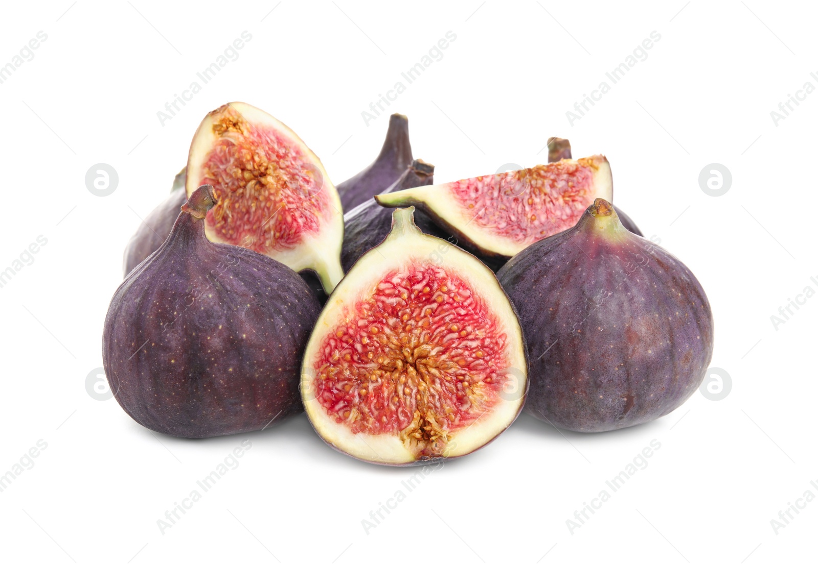 Photo of Whole and cut fresh ripe figs isolated on white