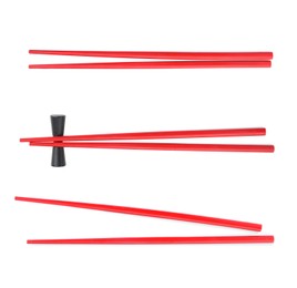 Image of Collage with red chopsticks isolated on white