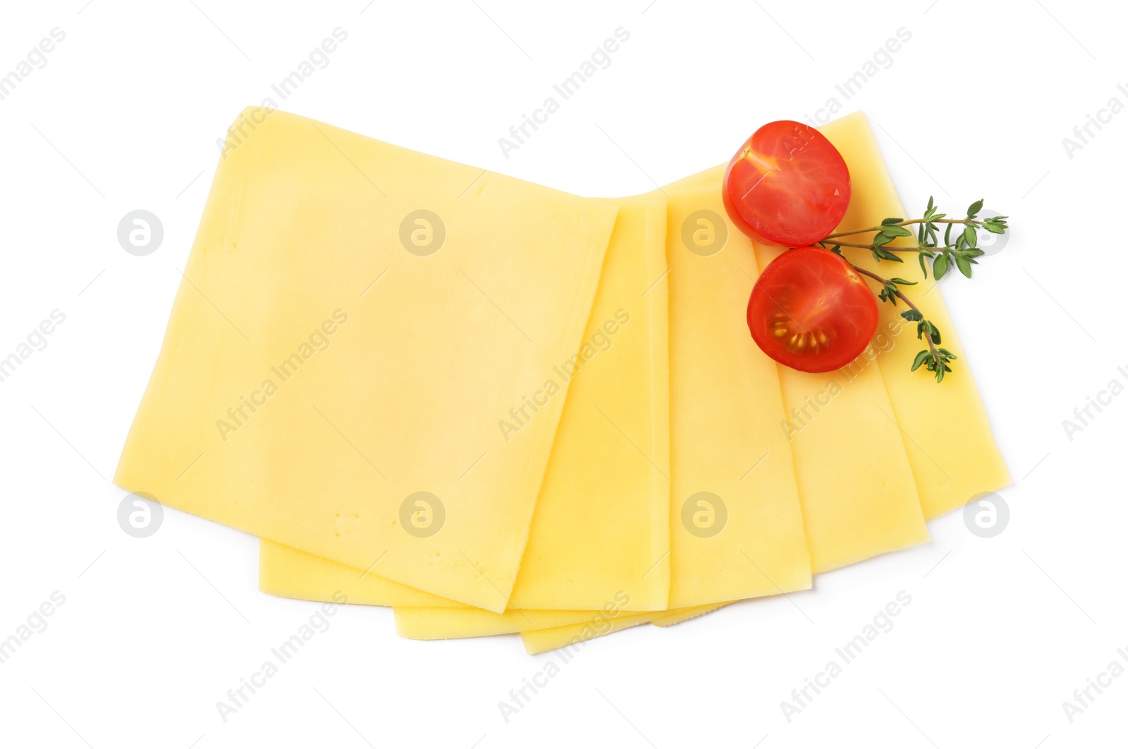 Photo of Slices of tasty fresh cheese, tomatoes and thyme isolated on white, top view