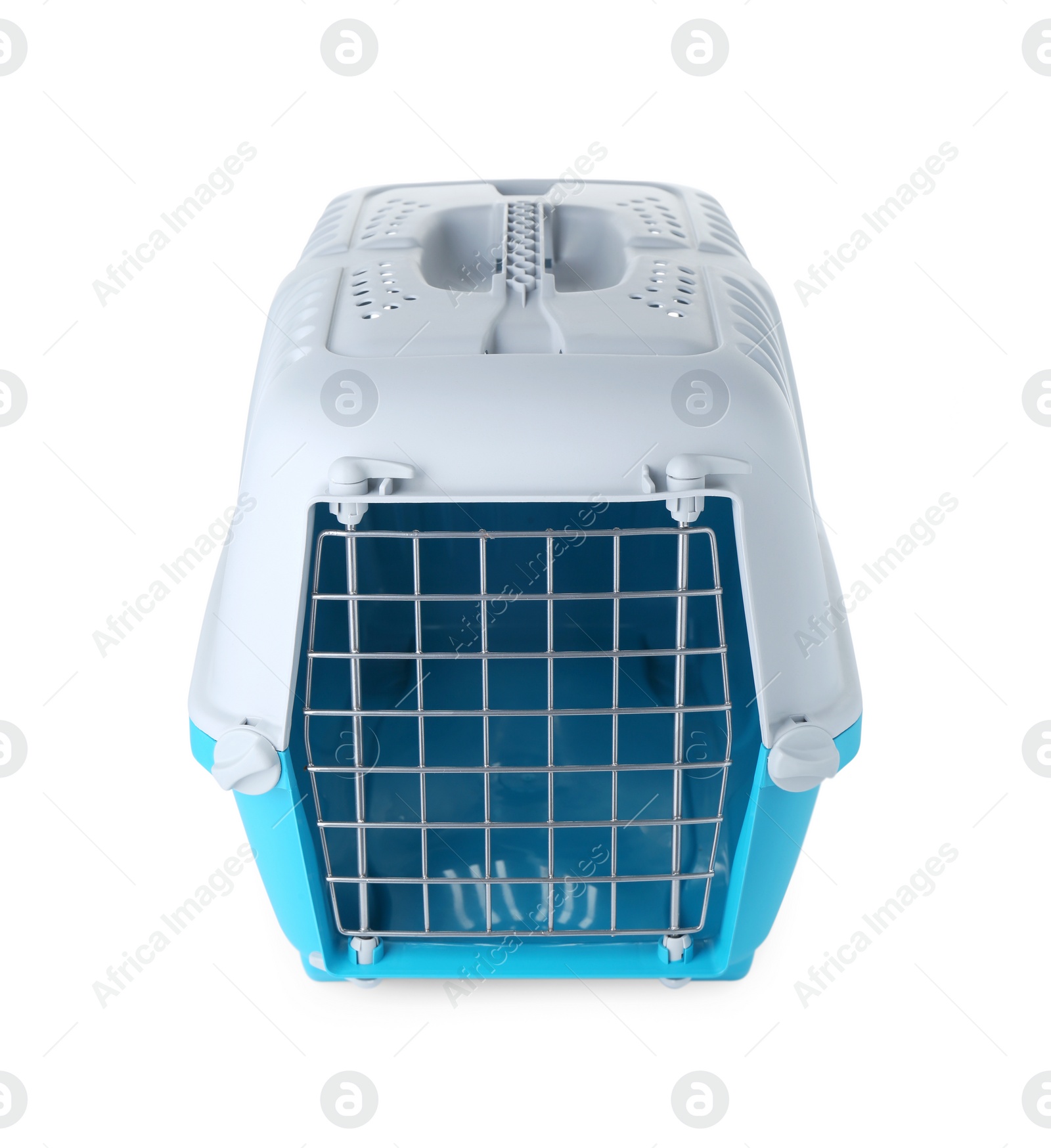 Photo of Light blue pet carrier isolated on white