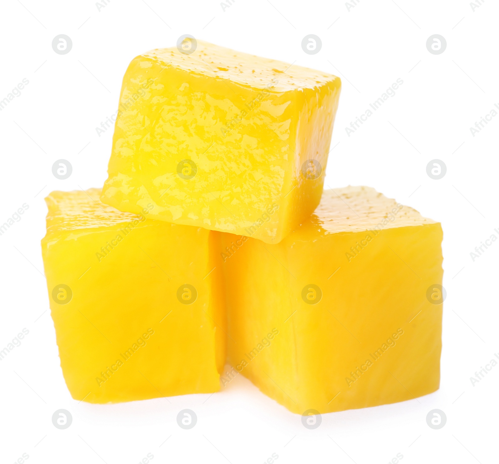 Photo of Fresh juicy mango cubes on white background
