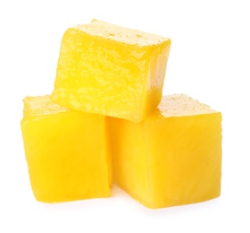 Fresh juicy mango cubes on white background