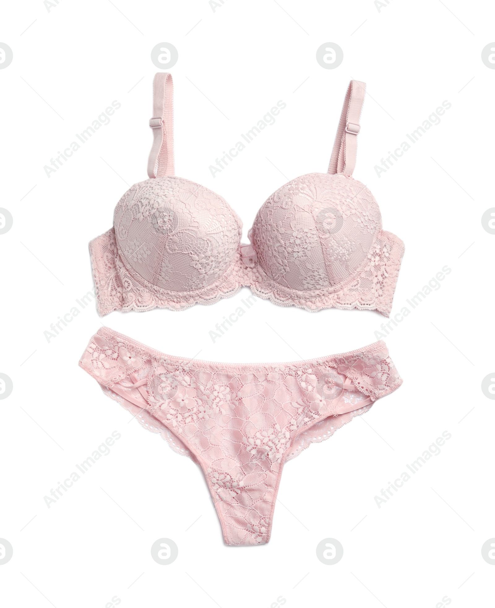 Photo of Elegant pink women's underwear isolated on white, top view