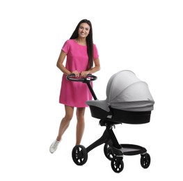 Photo of Happy young woman with baby stroller on white background