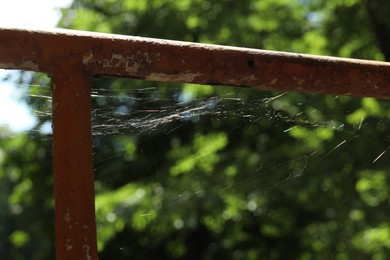 Cobweb on metal railing outdoors on sunny day