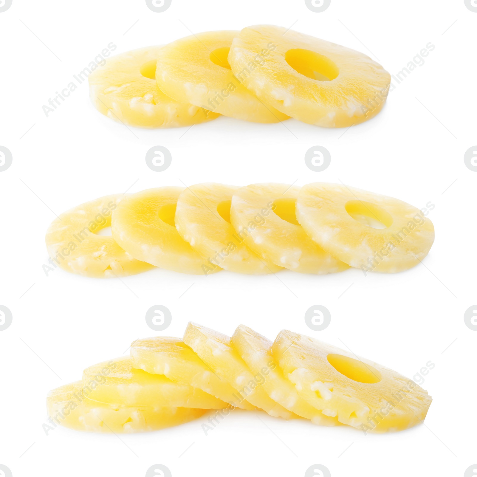 Image of Set of canned pineapple rings on white background