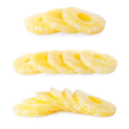 Image of Set of canned pineapple rings on white background