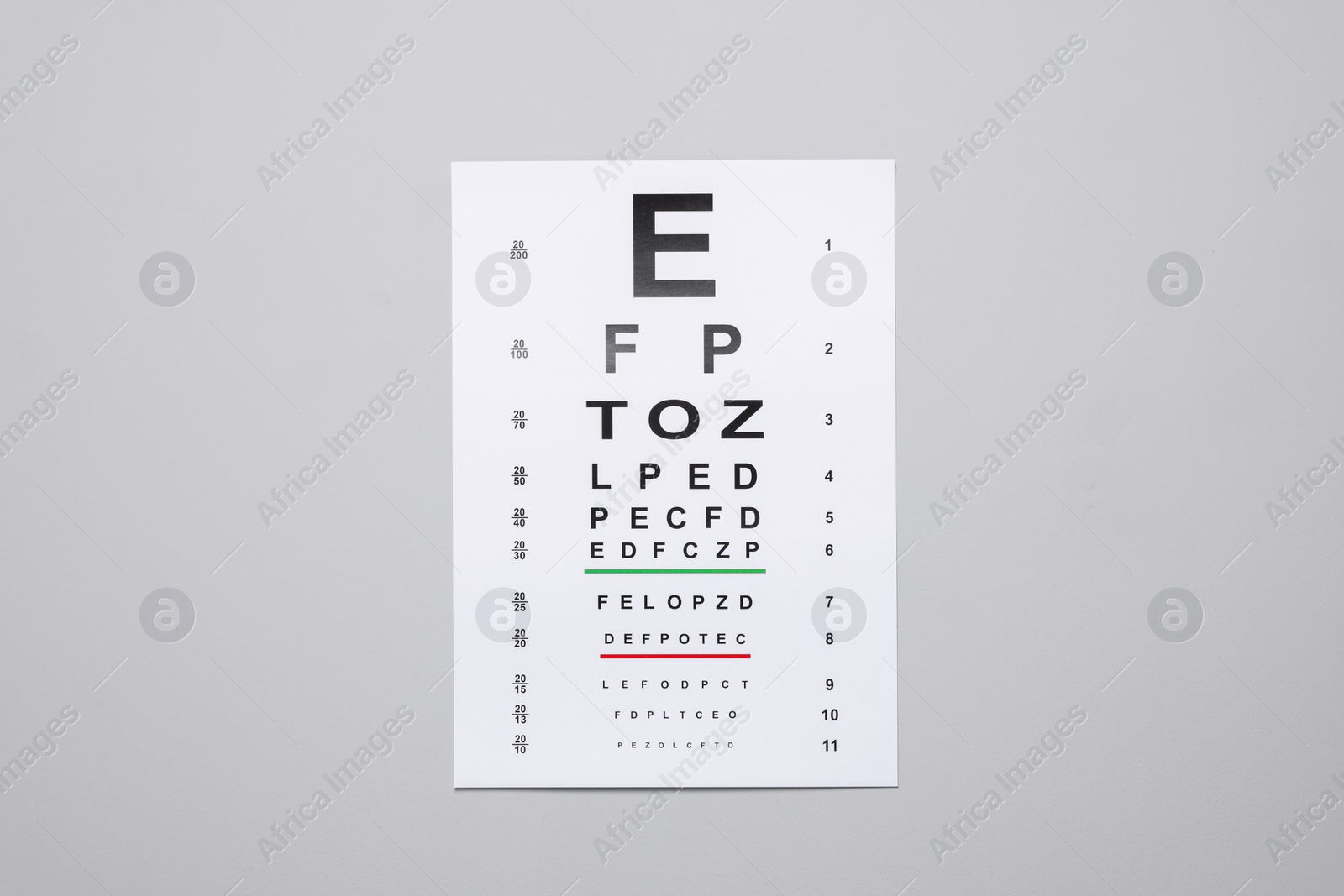 Photo of Vision test chart on gray background. Ophthalmic exam